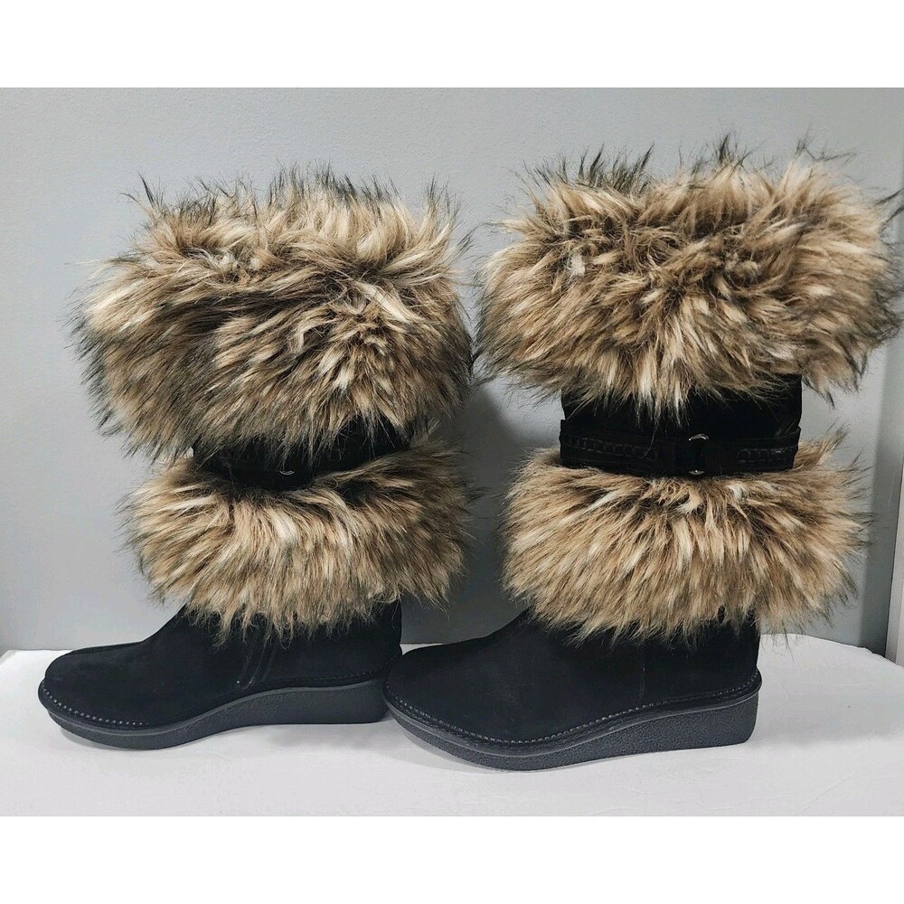 B Makowsky Women's Black Leather Suede Boots w/Faux Fur Size 8 1/2 M